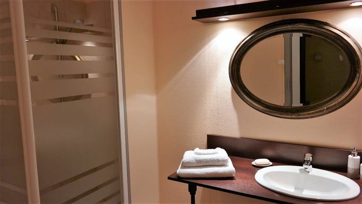 Salle de bain avec douche et lavabo et toilettes séparées