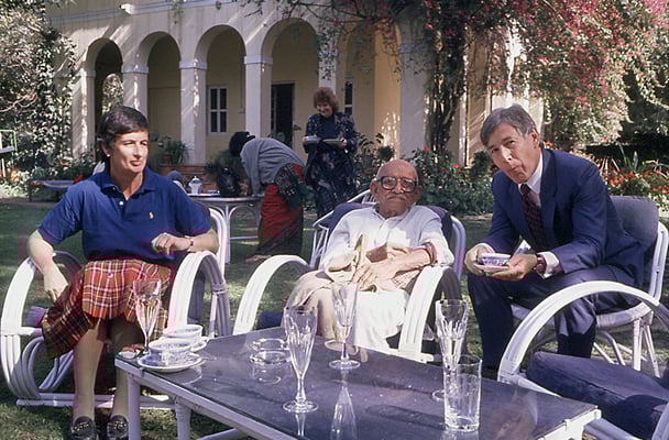 German Journalist Dr. Gabriele Venzky, Prabhudas Gandhi and German Deputy-Embassador Dr. Hellmut Schatzschneider (from left) at the residence of Dr. Schatzschneider in New Delhi, 1986.