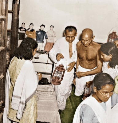 Prabhudas Gandhi and Mahatma Gandhi at Delhi, 1946.