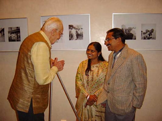 Former ambassador of GDR and associate of Mahatma Gandhi, Mr. Herbert Fischer (left) greeting the guests of honour, Mr. Yogesh Goda and his wife Mrs. Saroj Goda.