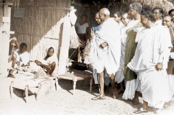 Prabhudas Gandhi (left of Gandhi) and Mahatma Gandhi at Santiniketan, February 18, 1940.