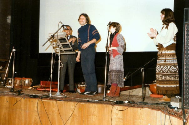 Indian Consulate General, Mr. Chakravarti, Peter Rühe, Samantha Hume and Christiane Böttcher during the inauguration of the first Gandhi exhibition in Germany, 1984