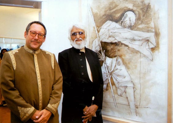 M.F. Hussain and Peter Rühe in front of Hussain’s Gandhi painting, Berlin, 2000