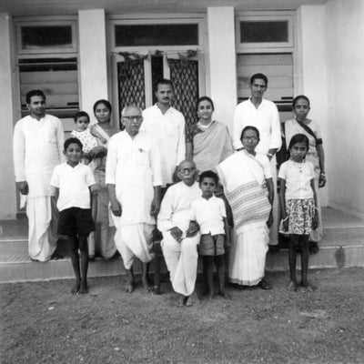 Top row (from left): Laxmichand Deshwal, Gargi Deshwal (with daughter Suruchi), Dhirubhai Dhabalia, daughter Kamala Dhabalia, Himatlal Goda and daughter Indira Goda; Below (from left): grandson Yogesh, PG, Chhaganlal Gandhi, Sudhanshu, wife Amba, Surubhi.