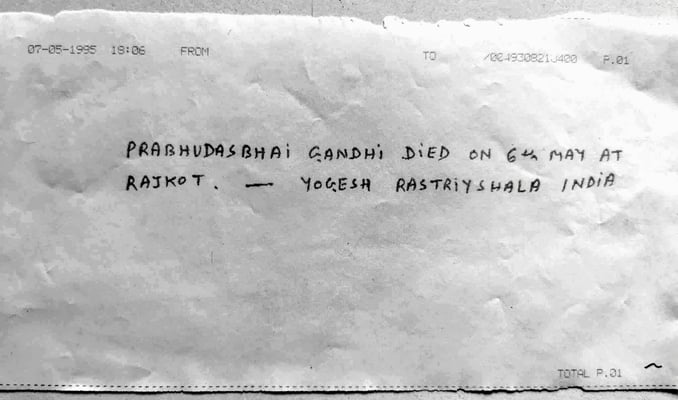 The telegram about the death of Prabhudas Gandhi, received by Peter Rühe on 7 May 1995.