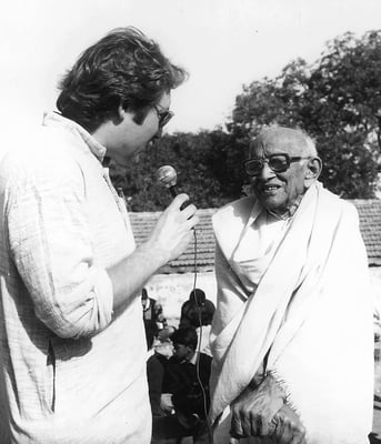 Prabhudas Gandhi being interviewed by Peter Rühe at Rang Darshan, Rashtriya Shala, Rajkot, 1992.