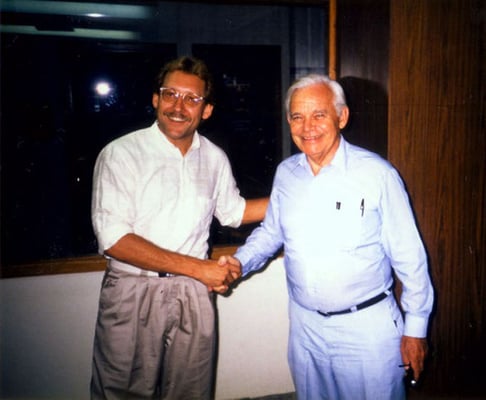 Peter Rühe with the director of the Ecumenical Centre at Tantur (between Jerusalem and Bethlehem) where his Gandhi exhibition was presented for one month, 1987