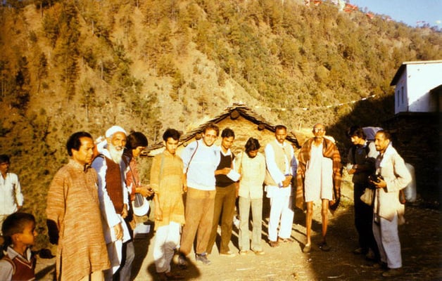 Peter Rühe during a padyatra (footmarch) in the Himalaya region lead by Sunderlal Bahuguna (Chipko movement; second left), 1985
