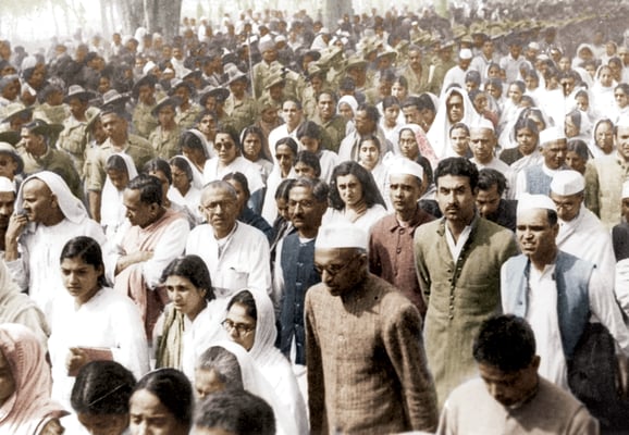 Procession to the cremation of Mahatma Gandhi at Rajghat, New delhi, January 31, 1948. Prabhudas Gandhi (3rd row from bottom, centre left); also be seen: Indira Gandhi (behind Prabhudas Gandhi); front right: Devadas Gandhi.
