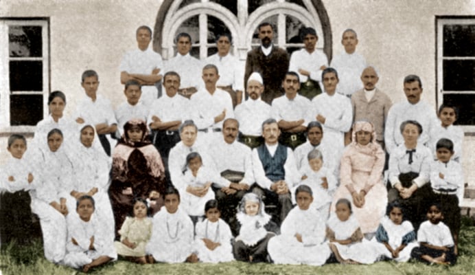 Prabhudas Gandhi (3rd row, extreme right) with other Phoenix settlers, c. 1908.