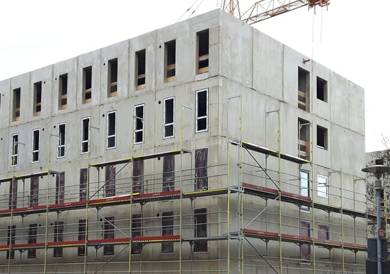 Studierendenwohnheim Gebrüder-Coblenz-Straße in Köln Deutz, Errichtung in Modulbauweise Ansicht Fassade