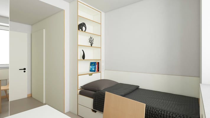 Studierendenwohnheim Bachemer Straße in Köln, Einrichtung Musterzimmer,  Visualisierung und Ausführung: www.haus-freudenberg.de