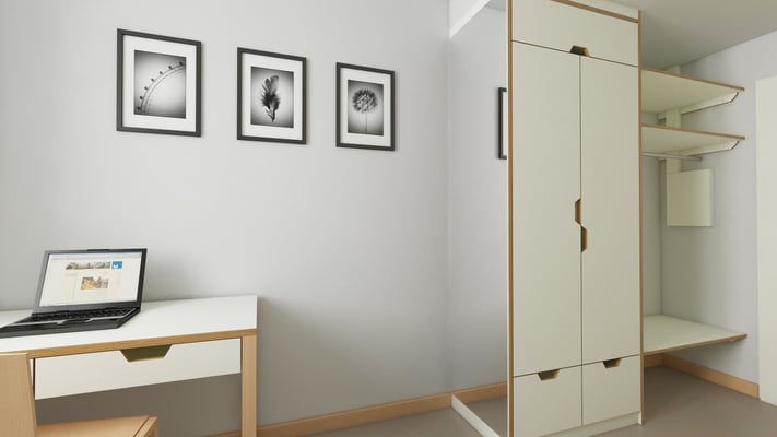 Studierendenwohnheim Bachemer Straße in Köln, Einrichtung Musterzimmer, Visualisierung und Ausführung: www.haus-freudenberg.de