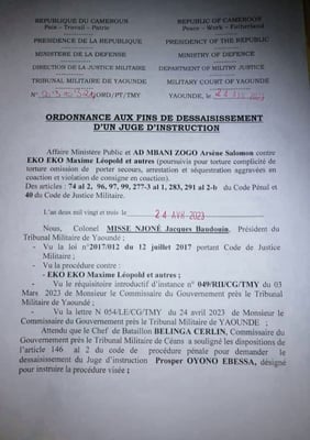 Ordonnance portant remplacement du magistrat Ebessa par le Lt colonel Florent Sikati page 1