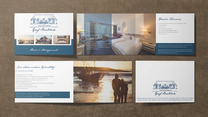 Kunde: Hotel Graf Bentinck Dangast | Skills: Idee, Konzept, Grafik, Layout und Umsetzung diverser Broschüren, Flyer und Geschäftsunterlagen. 