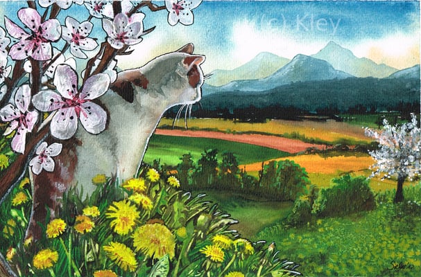 "Katze mit Kirschblüten" Collage Aquarell 19x29cm