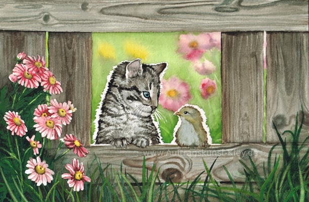 "Katze und Küken" Aquarell ca. 20x30cm