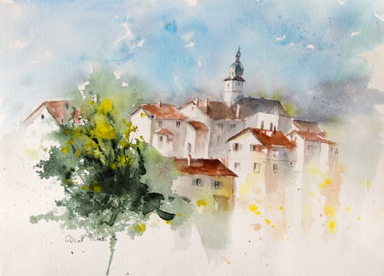 Le village aux toits rouges - 28 x 38 cm