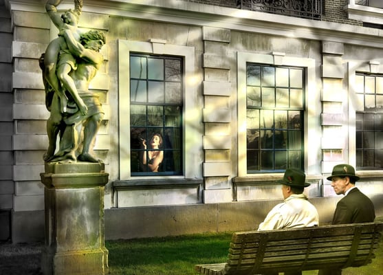 SOLD. Tos Kostermans, Admiring the Sculpture, Mixed Media on canvas, 140 x 100 cm 