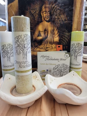 Kerzenuntersetzer Terracotta Blume hellblau