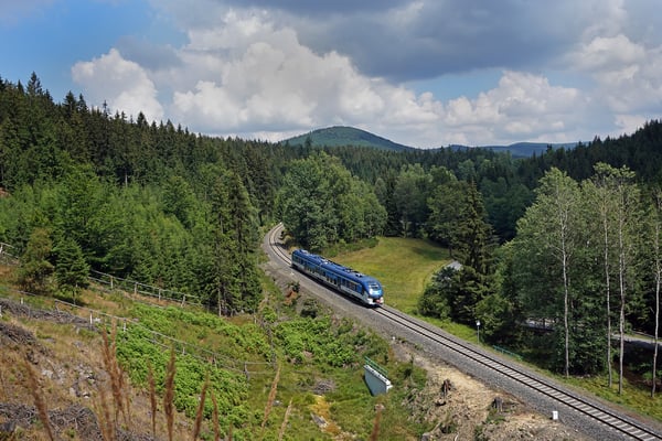 Ein Regio Shark auf seinem Weg von Decin nach Rumburk bei Dolní Falknov, 28.07.18
