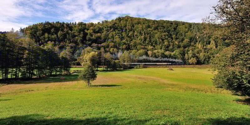 Im großen Talkessel bei Goßdorf Kohlmühle unterbricht das Schnaufen und Rattern des Zuges kurz die ländliche Idylle. 23.09.12