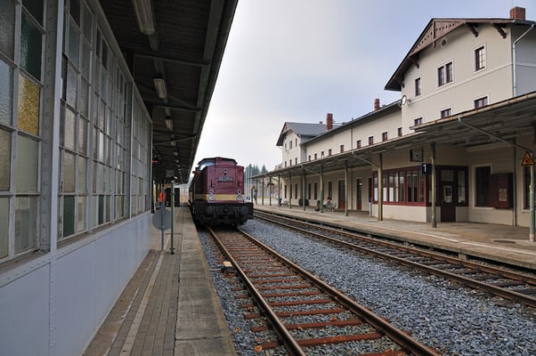 Zug und Bahnhofsgebäude in Sebnitz. 05.11.11