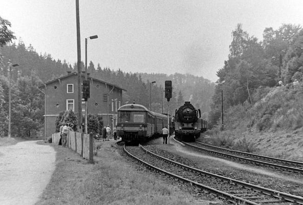 50 3616 mit ihrem Sonderzug in Ulbersdorf, links ein Personenzug mit Leipziger Steuerwagen. 