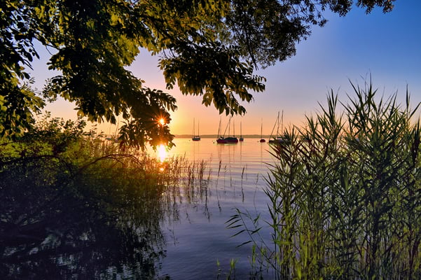 Sonnenaufgang bei Gollenshausen am Chiemsee.
