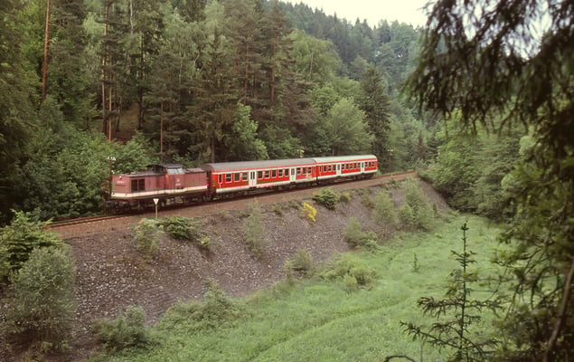 Zug von Ulbersdorf kommend nach Bad Schandau bei Mittelndorf, 07.06.2001. Foto: Archiv Axel Förster.
