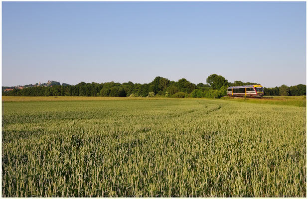 Bei Helmsdorf rollt der Desiro hier im schönen Abendlicht Pirna entgegen, im Hintergrund erhebt sich die Burg Stolpen. 03.06.11, 19:23 Uhr