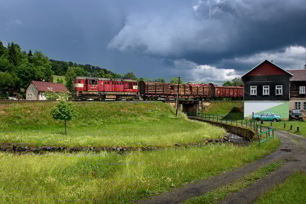 Kurz nach dem Os öffnete der Himmel seine Schleusen und wir mussten unter der kleinen Bahnunterführung in Deckung gehen. Aber Regen kann auch Glück bringen, kurz darauf folgt 742 225 mit Holzzug von Rybniste nach Decin. 18.06.16