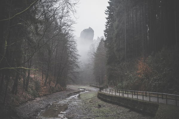 Winterpause im Amselsee. Das Wasser ist abgelassen, aus dem Nebel heraus ragt der Talwächter. 