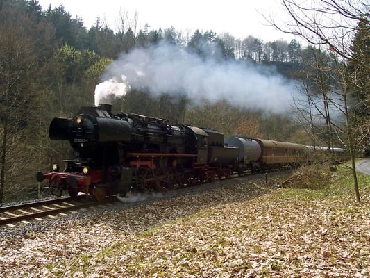Auch 52 8080-5 war an diesem Tag an den Sonderfahrten beteiligt, hier im Wald kurz nach Porschdorf Richtung Sebnitz, 22.04.2006