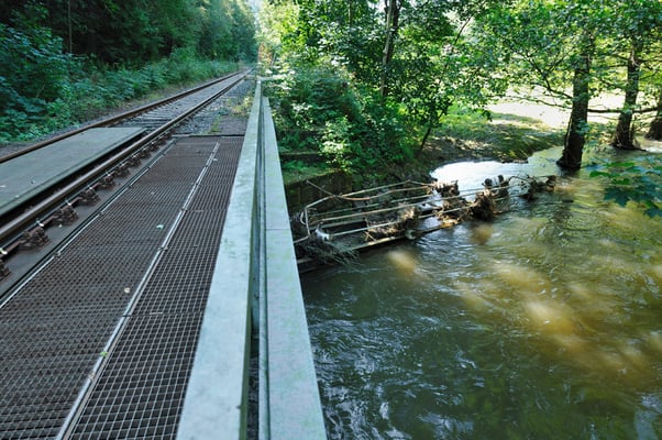 Der Wanderweg der oft entlang der Strecke führt ist an vielen Stellen nicht mehr begehbar. Diese Fußgängerbrücke wurde vom Wasser mitgerissen und völlig zerstört, 20.08.10