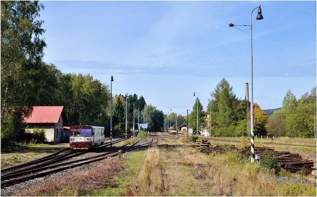 Blick in den Bahnhof von Mikulášovice dolní nádraží. Zugkreuzung von 810 183-4 von Rumburk über Panský nach Dolni Poustévna und 854 016-3 in die Gegenrichtung über Lipova u Sluknova, 05.10.2013 
