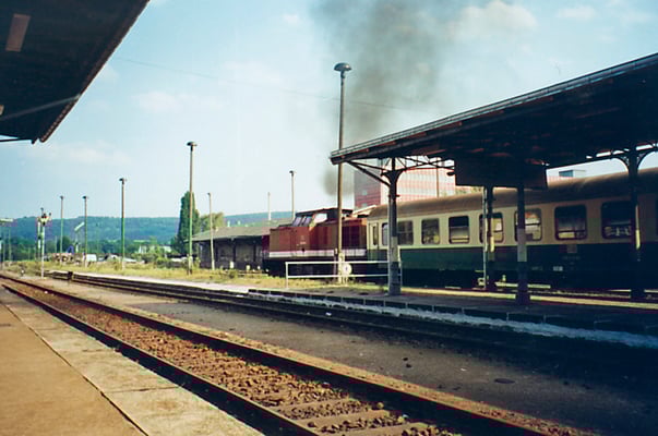 Der Bahnhof Neustadt i. Sa. 1995, der Regionalzug von Bad Schandau hat Ausfahrt auf die heute nicht mehr befahrbare Strecke nach Bautzen ( heute sind viele Gleise zurückgebaut, Holzmastlampen und Flügelsignale existieren nicht mehr )