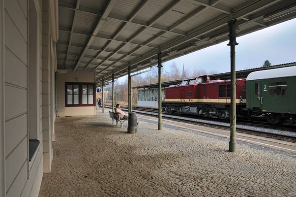 Besonders die stilreine Garnitur ließ in Erinnerungen schwelgen und begeisterte viele Fans an den Strecken. Im Bahnhof Sebnitz wartet V 100 auf den Gegenzug aus Neustadt. 05.11.11