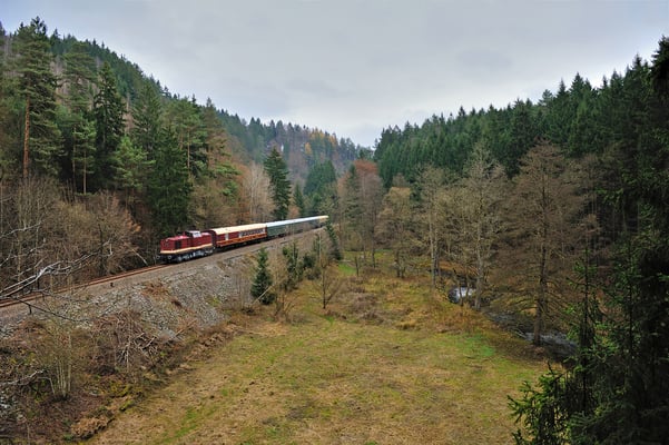 Genau ein Jahr später sind die OSEF wieder mit ihrem Adventszug im Sebnitztal unterwegs. Dieses mal ging es von Löbau über Rumburk und Dolni Poustévna über den im Sommer eröffneten Grenzübergang bei Sebnitz. Hier der Zug bei Mittelndorf. 30.11.14