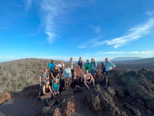 view point over the dramatic volcanic landscape of Isabela Island with views of Darwin Crater Lake