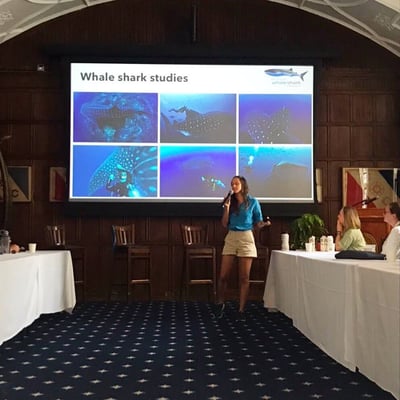 Sofia M. Green - scientist at the Galapagos Whale Shark Project presents her whale shark research to a group