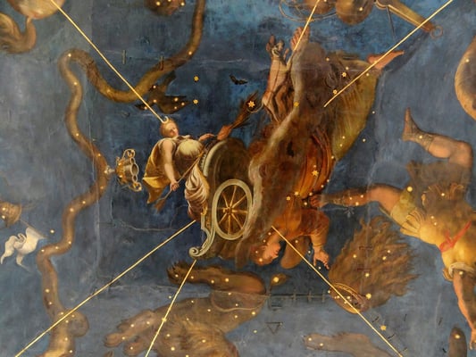 Sternenzimmer - Deckenfresko gemalt von Lorenzo Costa im Jahr 1579-1580 – stellt die Göttin Diana in ihrem Jagdwagen dar, der von Hunden über das Sternenzelt gezogen wird