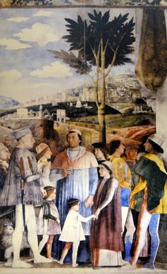 Ludwig Gonzaga (links) - Kinder Francesco und Sigismondo Gonzaga und Ludwig Erbe der Grafschaft-dahinter Kardinal Franz