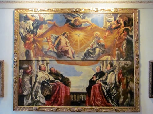 Gemälde von Rubens, das die Herzöge Guglielmo und Vincenzo Gonzaga mit  den Gattinen Eleonora von Österreich und Eleonora de' Medici während der Anbetung der Dreifaltigkeit darstellt