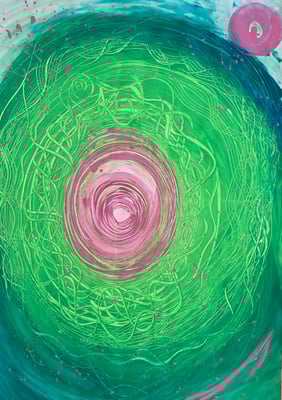 Bild 111: Universum03_Kreise-grün-rosa, Mischtechnik, 70x100