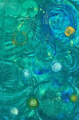 Bild 100: Universum18_Klangraum-waldgrün-efeugrün-gelb, Mischtechnik, 70x100