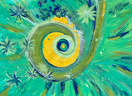Bild 185: Spiralen04_smaraggrün-gelb, Tempera, 70x100