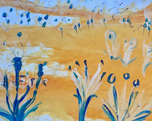 Bild 162: Blütenmeer07_indigo-weiss-gelb, Tempera, 70x100