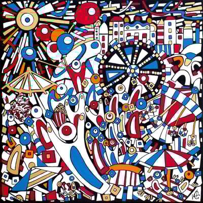 Veronika Spleiss "Jahrmarktleben" 2022 60x60 cm, Acryl auf Leinwand, Privatsammlung Deutschland