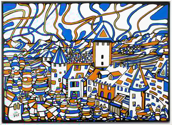 Veronika Spleiss "Das Schweizer Städtchen" 2021, 50x70 cm, Privatsammlung Schweiz
